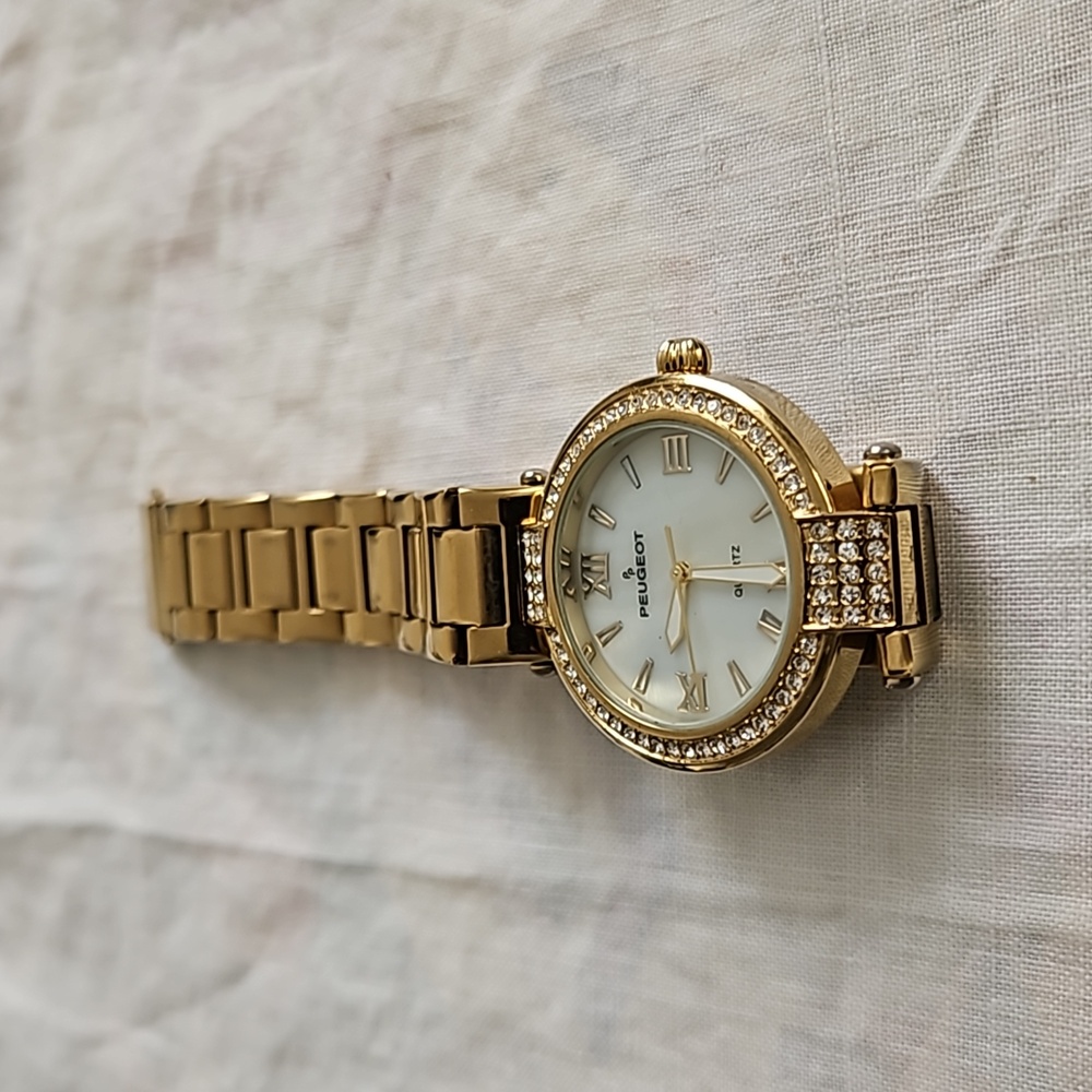 Peugeot Women's Round Crystal Gold Watch With Gold Strap Link Band